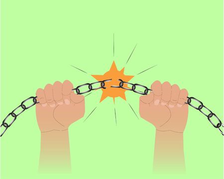Stuggle for freedom. Hands tear the chain. With flash on break.Backgroundのイラスト素材