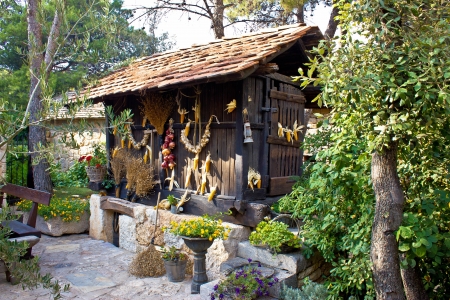 Traditional wooden corn drier store with ornaments, Croatiaのeditorial素材