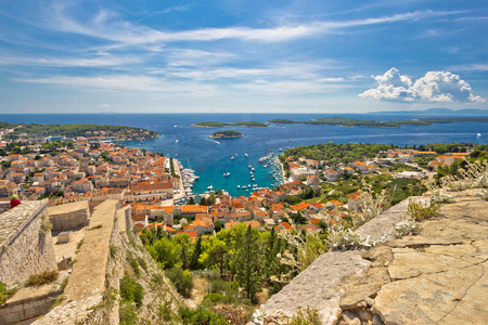 Town of Hvar and Paklinski islands aerial view in Dalmatia, Croatiaの写真素材