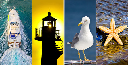 Adriatic sea collage - yacht, lighthouse, seagull and starfishの写真素材