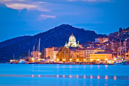 UNESCO town of Sibenik blue hour view, Dalmatia, Croatiaの写真素材