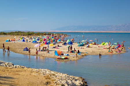 Nin, Croatia, August 19, 2013: Sandbar beach summer view - Queens beach in Nin, Dalmatia, Croatia, Nin is famous tourist destination in Croatia.のeditorial素材