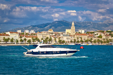Yacht in Split waterfront view, Dalmatia, Croatiaの写真素材