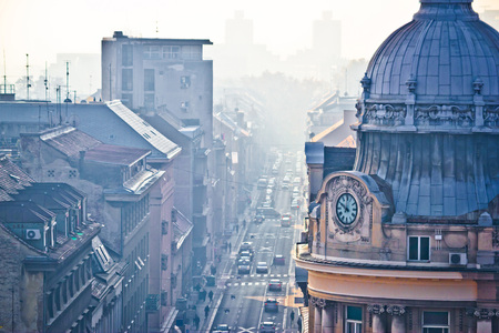 Busy Zagreb street in morning haze with old arcchitecture aerial vie, capital of Croatiaの写真素材