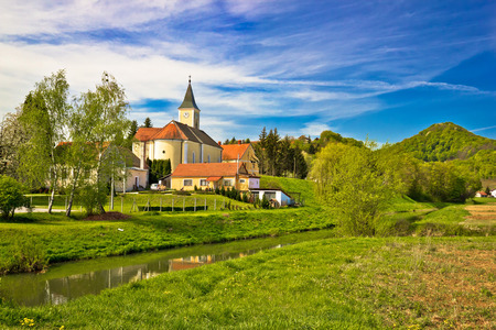 Margecan village on Bednja river, Zagorje region of Croatiaのeditorial素材