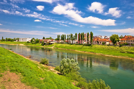 River Kupa in town of Karlovac green nature view, central Croatiaの写真素材