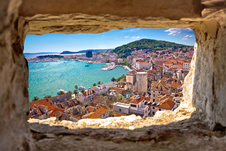 Split  bay aerial view through stone window, Dalmatia, Croatiaのeditorial素材
