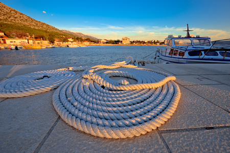 Boat rope at sunset view, Starigrad Paklenica village in Croatia