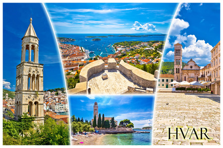 Island of Hvar tourist postcard with label, famous landmarks and beautiful nature, Dalmatia, Croatiaの写真素材
