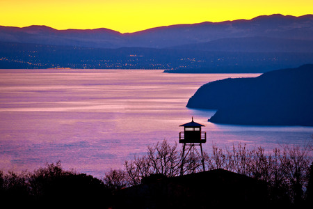 Lookout tower above Kvarner bay at golden dawn, Croatiaの写真素材