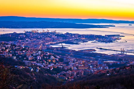 Aerial evening view of Trieste, capital of Friuli-Venezia Giulia region in Italyの写真素材