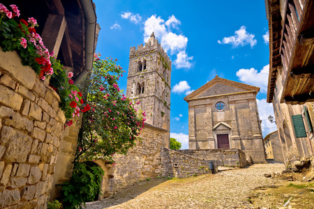 Town of Hum old cobbled square and church view, region of Istria, Croatiaの写真素材