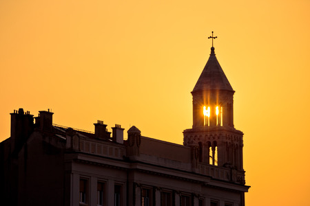 City of Split Riva at sunrise, landmarks silhouette, Dalmatia, Croatiaの写真素材