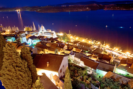 Aerial evening view of Sibenik waterfront and cathedral, Dalmatia, Croatiaの写真素材