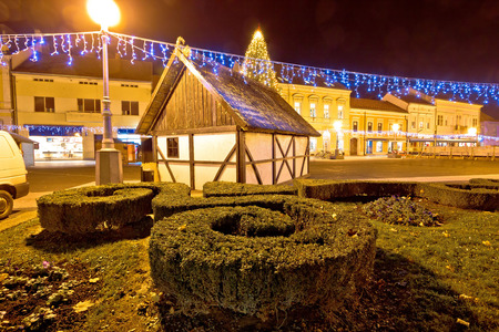 Old cottage in Koprivnica square christmas view, Podravina region of Croatiaの写真素材