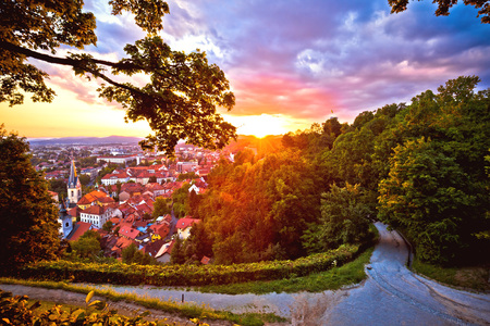 Ljubljana aerial rooftops view at red sunset, capital of Sloveniaの写真素材