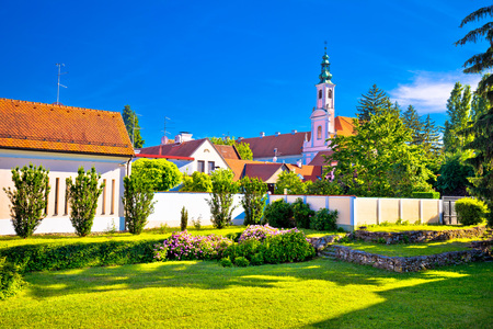 Colorful street and green park in baroque town Varazdin view, northern Croatiaの写真素材