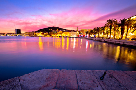 Split waterfront sundown waterfront view, colorful sky, Dalmatia, Croatiaの写真素材