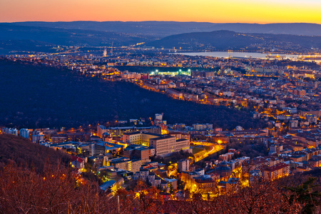 Aerial evening view of Trieste, capital city of Friuli-Venezia Giulia region in Italyの写真素材