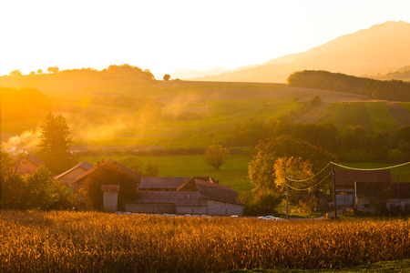 Golden sunset in rural region of Croatia, Kalnik mountain in Prigorje region of Croatiaの写真素材