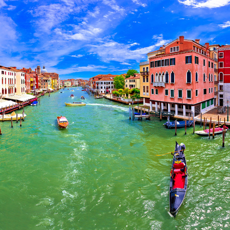 Colorful Canal Grande in Venice panoramic view, tourist destination in Veneto region of Italyの写真素材