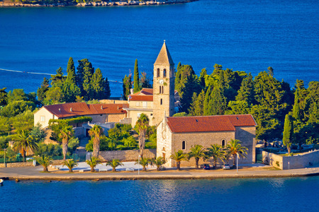 Scenic island of Vis church and waterfront view, Dalmatia archipelago of Croatiaの写真素材