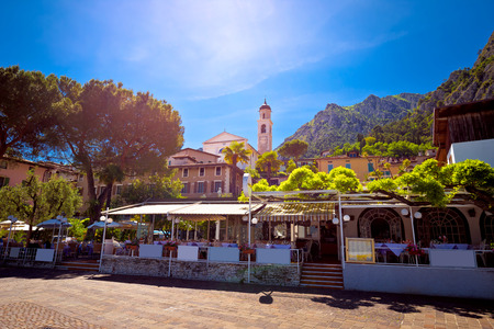 Limone sul Garda square and church view, town on Garda lake in Lombardy, Italyの写真素材