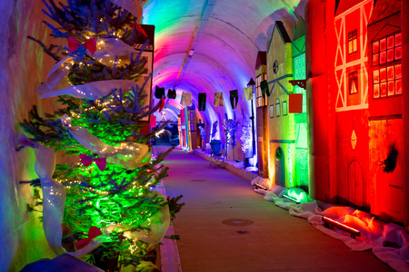 Historic underground tunnel under Zagreb historic town in Christmas decoration, capital of Croatiaの写真素材