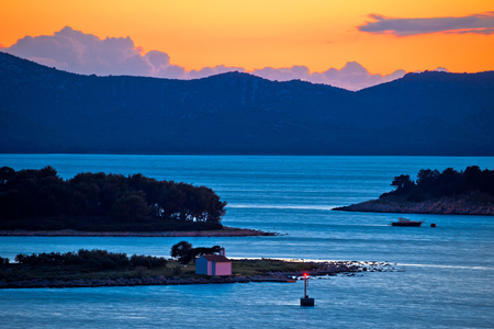 Adriatic archipelago of Pakostane aerial sunset view, Dalmatia region of Croatiaの写真素材