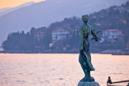 Opatija bay statue at sunset view, Kvarner region of Croatiaの写真素材