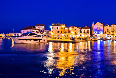 Supetar waterfront evening panoramic view from sea, island of Brac, Dalmatia, Croatiaの写真素材