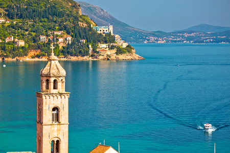 Dubrovnik church tower and coastline view, Dalmatia region of Croatiaの写真素材