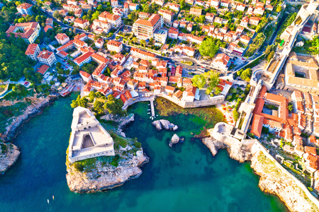 Dubrovnik ancient landmarks Lovrijenac and Pile city gate aerial view, UNESCO world heritage site in Dalmatia, Croatiaの写真素材