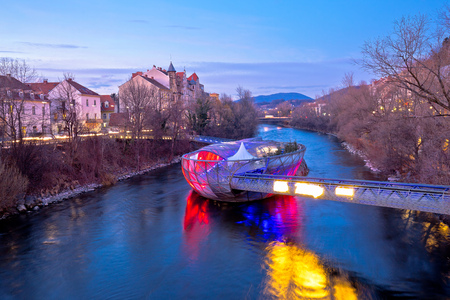 City of Graz Mur river and island evening view, Styria region of Austriaの写真素材