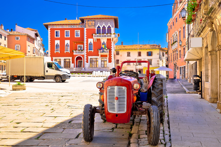 Town of Vodnjan colorful square and old tractor view, Istria region of Croatiaの写真素材