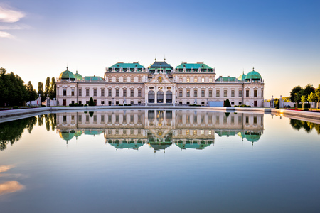 Belvedere in Vienna water reflection view at sunset, landmark of  capital of Austriaのeditorial素材