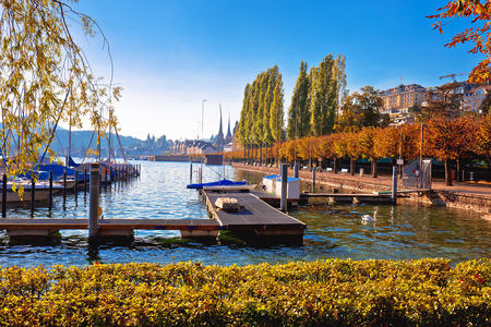 City of Lucerne lake waterfront and harbor view, central Switzerlandの写真素材