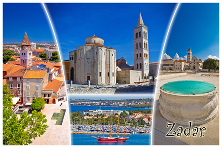 Town of Zadar tourist postcard with label, famous landmarks and beautiful nature of Dalmatia, Croatiaの写真素材