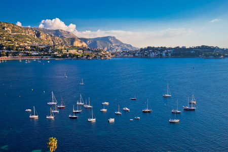 Villefranche sur Mer idyllic French riviera bay and Cap Ferrat view, Alpes-Maritimes region of Franceの写真素材