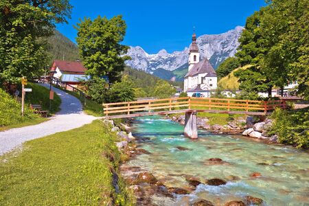 Sankt Sebastian pilgrimage church with alpine turquoise river alpine landscape view, Ramsau,...