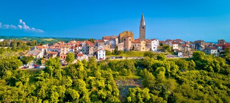 Old stone town of Buje on green hill panoramic view, town in Istria, Croatiaの写真素材