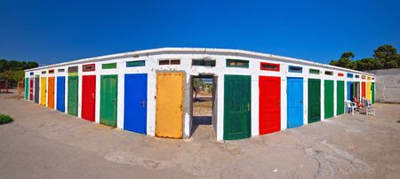 Jadrija beach colorful cabins panoramic view, tourist destination in Sibenik archipelago of Croatiaの写真素材