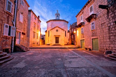 Town of Korcula square stone church and architecture evening view, historic tourist destination in archipelago of southern Dalmatia, Croatiaの写真素材