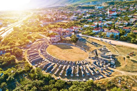 Ancient Salona or Solin amphitheater aerial sunset view, Split region of Dalmatia, Croatiaの写真素材