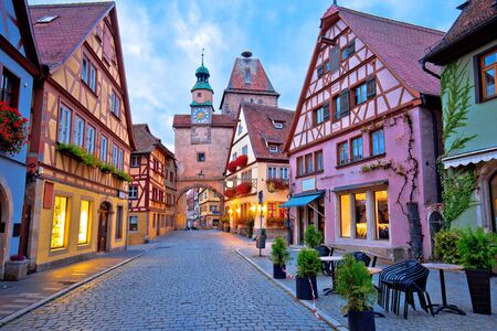 Cobbled street of historic town of Rothenburg ob der Tauber dawn view, Romantic road of Bavaria region of Germanyの写真素材