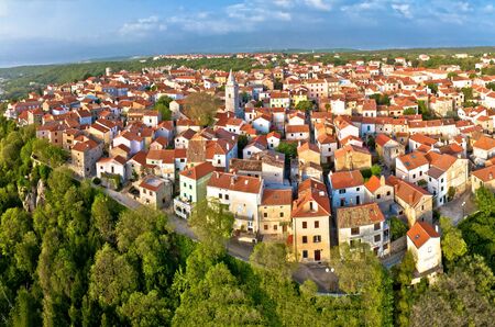 Town of Omisalj on Krk island aerial panorama, Kvarner bay of Croatiaの写真素材