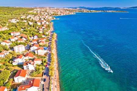 Zadar. Village of Diklo beach and coastline in Zadar archipelago aerial view, Dalmatia region of Croatiaの写真素材