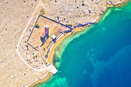 Aerial view of Zecevo island church and beach near Vrsi, Nin archipelago of Dalmatia, Croatia