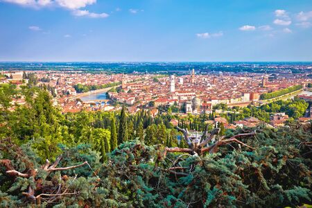 City of Verona old center and Adige river panoramic view from hill, Veneto region of Italyの写真素材