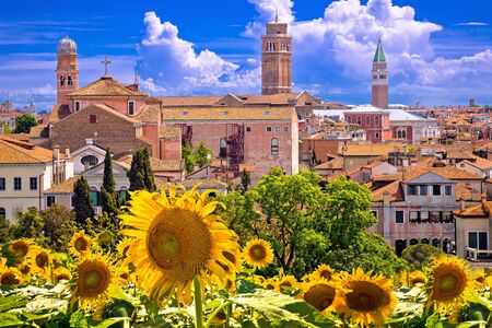 Skyline and rooftops of Venice view from sunflower terrace, famous tourist destination in Veneto region of Italyの写真素材